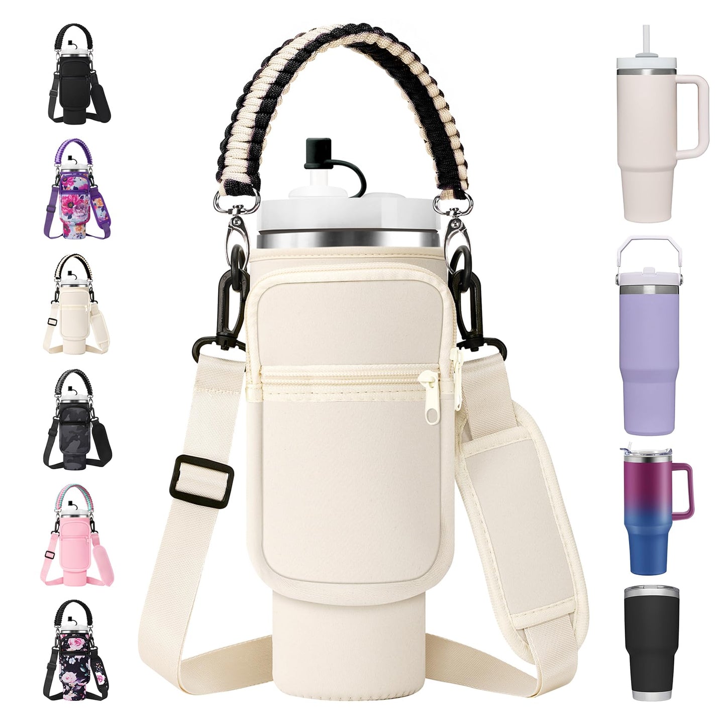 AceTreker Water Bottle Sleeve Bag with Paracord Handle for Stanley 30/40 oz Tumbler Insulated Thermos Cup Carrier Sling with Phone Pocket & Straw Cover for Stanley Cup Accessories-Cream