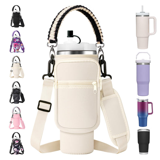 AceTreker Water Bottle Sleeve Bag with Paracord Handle for Stanley 30/40 oz Tumbler Insulated Thermos Cup Carrier Sling with Phone Pocket & Straw Cover for Stanley Cup Accessories-Cream