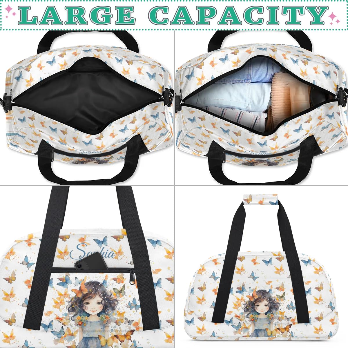 Personalized Gym Bag for Kids Girls, Butterfly Girl Custom Small Duffel Bag with Padded Handles Carry On Weekend Travel Bag for School Practice Ball Games