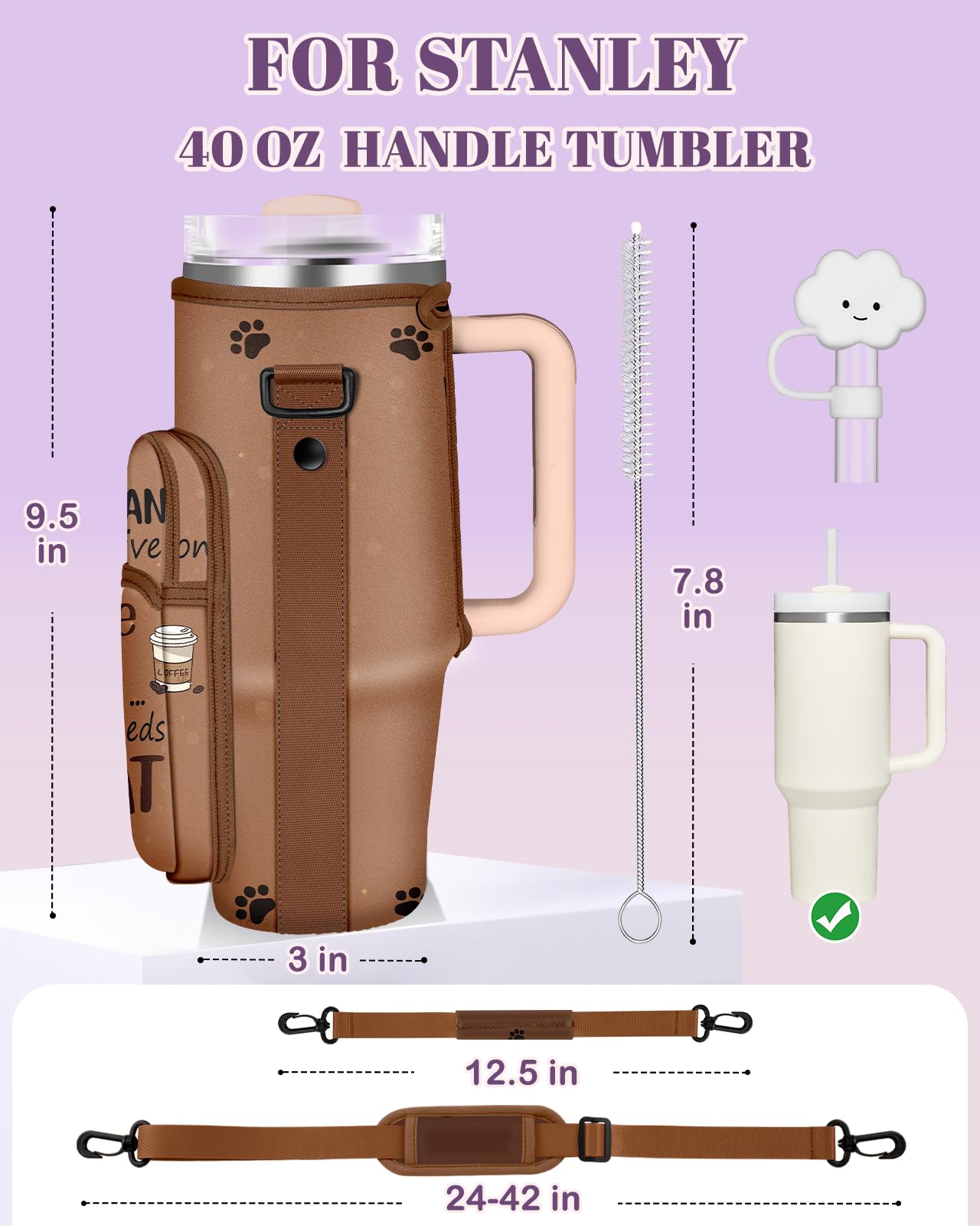 Toykee Water Bottle Holder Carrier Bag for Stanley 40 OZ Tumbler with Strap Phone Pocket, Brown Wrap Around Drink Cup Purse Pouch with Straw Cover Cleaner Brush Accessories Coffee Cat Print