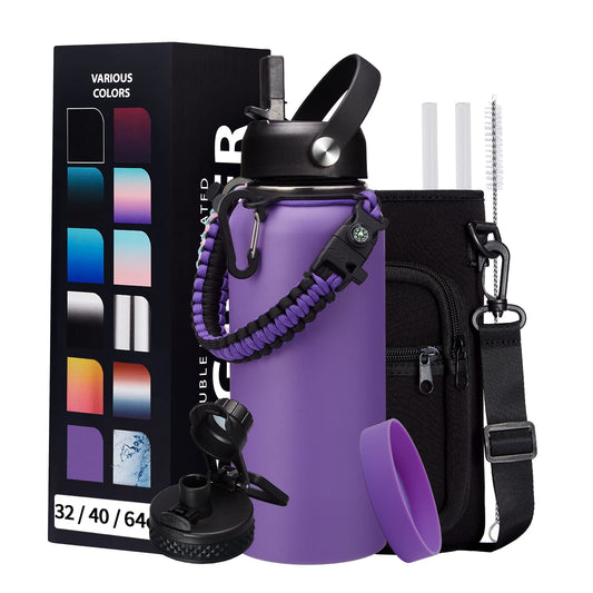 32 oz Water Bottles with Straw & Spout Lid, Paracord Handle & Strap, Double Wall Insulated Flask Water Bottle, Reusable Wide Mouth Gym Water Bottles for Women and Men for Outdoor Fitness Sports