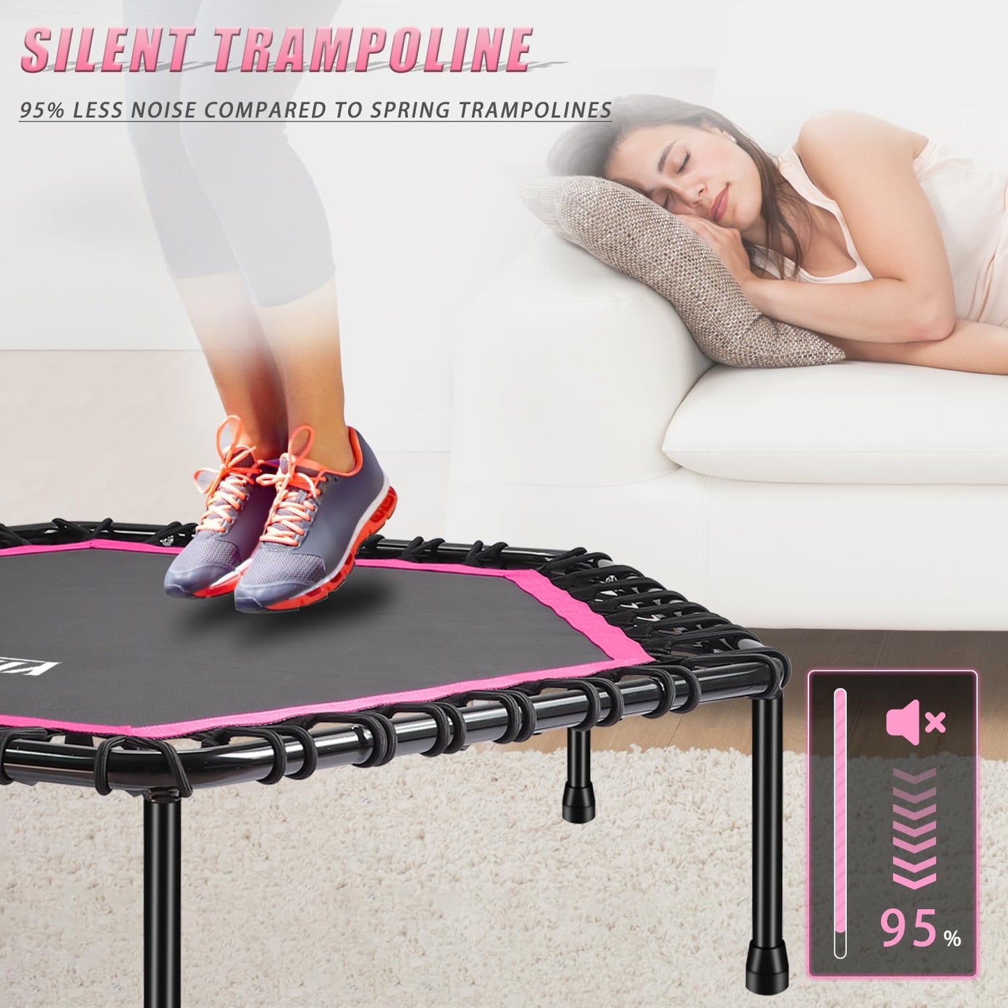 Gielmiy 48‘’Mini Trampoline for Adults，Silent rebounder Trampoline with 3 Adjustable Handle，Indoor/Garden/Workout Cardio,Safely Cushioned Bounce（Max Load 330lbs）