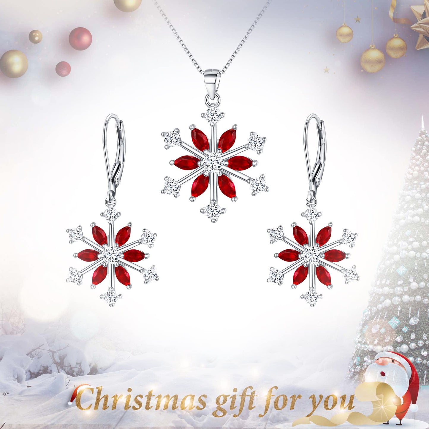 EVER FAITH Snowflake Jewerly Set 925 Sterling Silver Winter Accessory Sparkle Red CZ Flower Necklace Leverback Earrings Sets