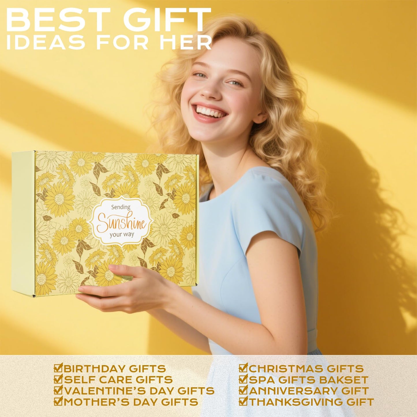 Xmas Sending Sunshine Gifts for Women, Sending Sunflower Gifts for Mom, 13 Pcs Spa Gifts for Women, Birthday Gift Sets, Gifts for her, Unique Holiday Gifts Basket for, Girlfriend, Sister, Mom, Wife