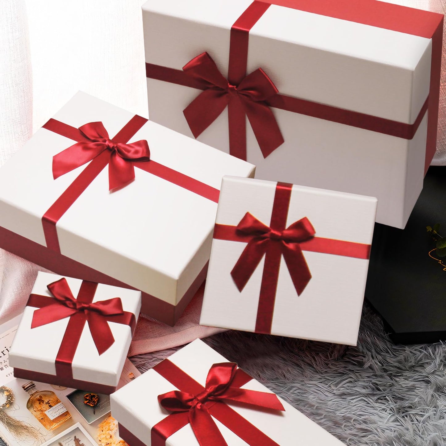 Eerbaier Gift Boxes with Lids for Presents, 5 Sizes Gift Wrap Boxes, Present Boxes for Weddings, Birthdays, and All Gift Giving Occasions(Red/White)