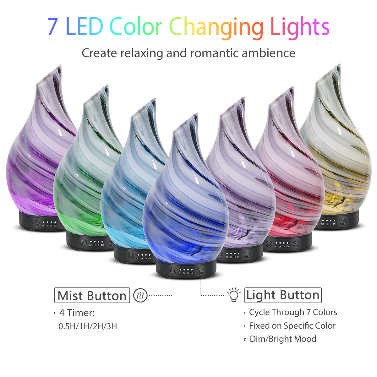 Essential Oil Diffuser 120ml Ultrasonic Aromatherapy Diffuser with Handmade Glass BPA Free Waterless Auto-Off, 4 Timer Setting 7 Colors Changed LED for Home Yoga Office
