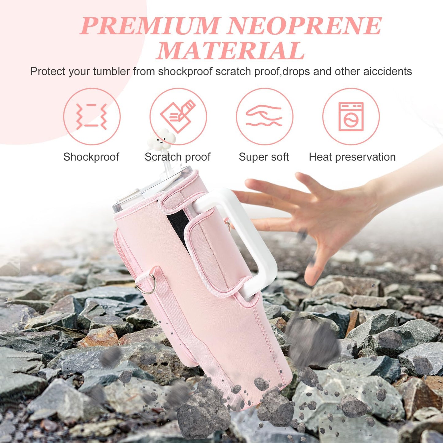PRAGATISM Water Bottle Holder with Strap Pouch and Handle fits for Stanley 30 oz Tumbler, Water Bottle Carrier Bag with 4.9FT Strap, Bottle Pouch for Stanley Cup Accessories