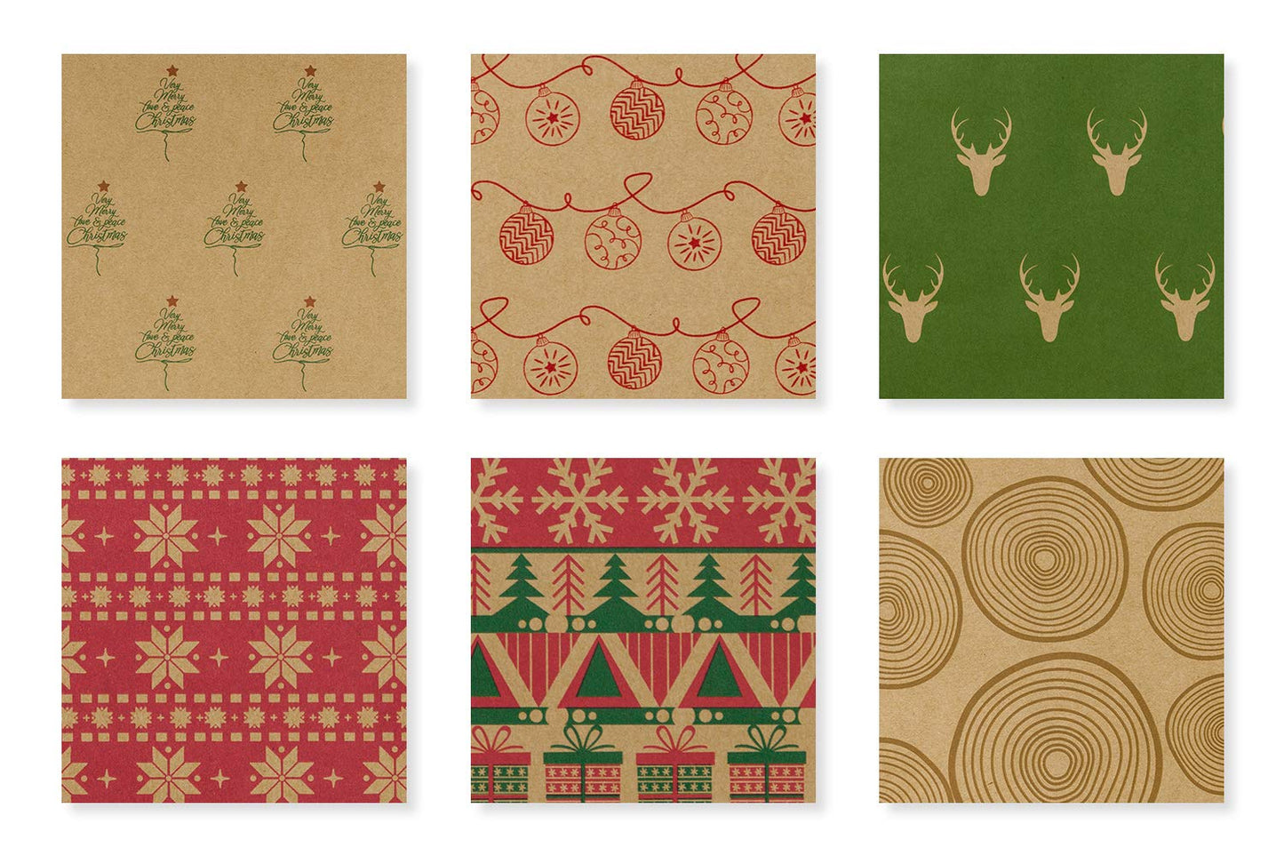 RUSPEPA Christmas Wrapping paper - Brown Kraft Paper with Red and Green Pattern For -Christmas Elements Collection-6 Roll-30Inch X 10Feet Per Roll