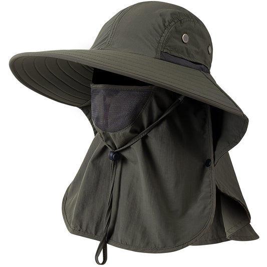HEEHIPOO Mens Women Fishing Hat UPF 50+ Wide Brim Sun Hat with Face Cover & Neck Flap Green