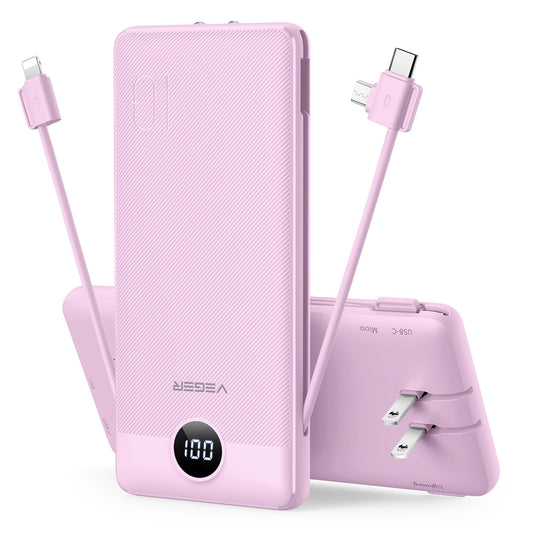VEGER Portable Charger for iPhone Built in Cables and Wall Plug, 10000mah Slim Fast Charging USB C Power Bank, Travel Essential Battery Pack Compatible with iPhones, iPad, Samsung More Devices(Purple)