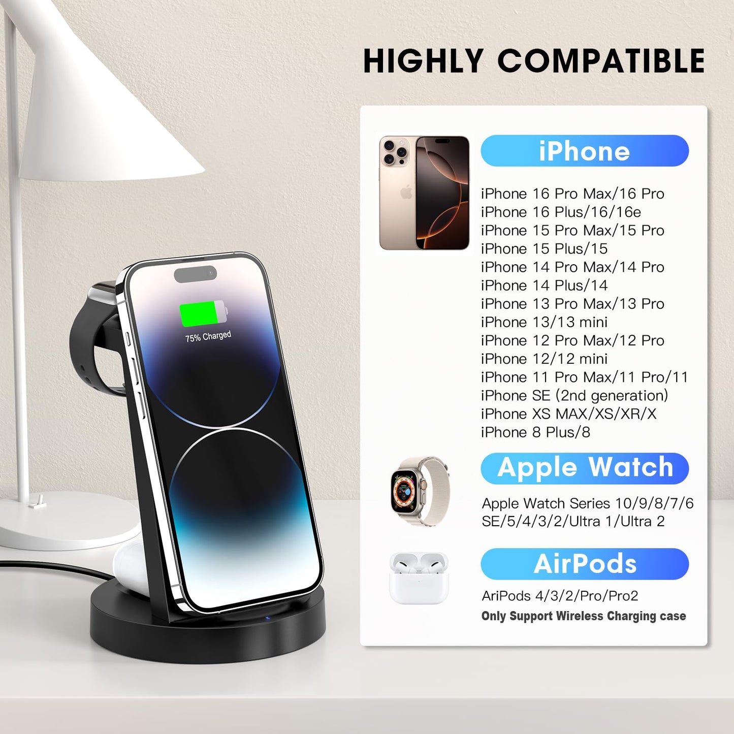 3 in 1 Charging Station for iPhone, Wireless Charger for iPhone 16e 16 15 14 13 12 11 X Pro Max & Apple Watch - Wireless Charging Station for AirPods 4 3 Pro