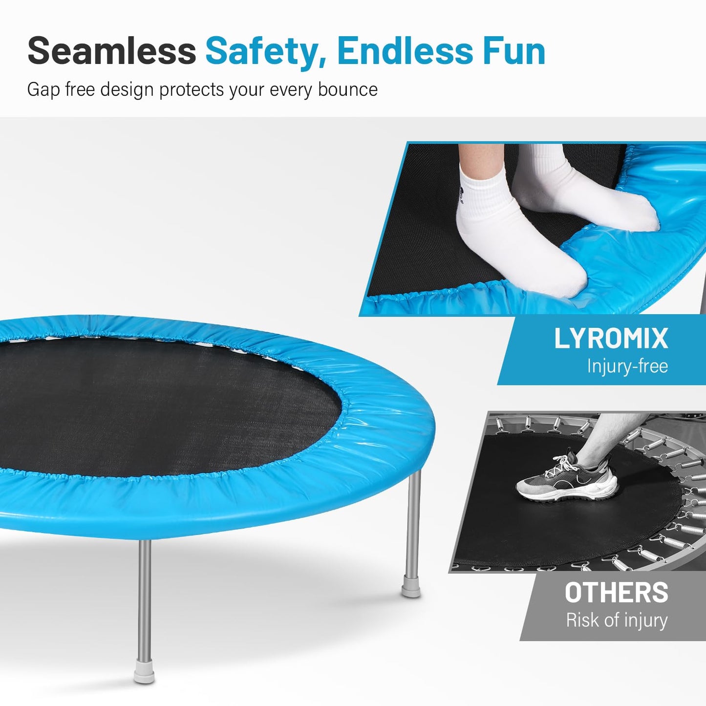 Lyromix 40Inch Rebounder Trampoline for Adults with Adjustable Bar, Mini Fitness Trampoline for Adults and Kids, Small Exercise Trampoline with Handle for Indoor Outdoor Workout, Blue