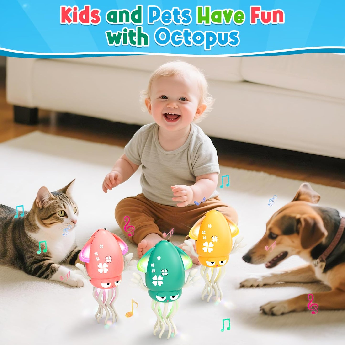 Dancing Squid Baby Toy, Electric Crawling Octopus Tummy Time Toy, Rechargeable Magic Dancing Music Squid Baby Toys for 3 4 5 6 Year Old Kids Boy Girl Birthday Gifts Christmas Stocking Stuffers (Pink)