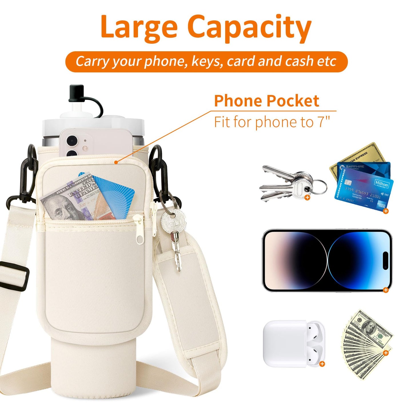 AceTreker Water Bottle Sleeve Bag with Paracord Handle for Stanley 30/40 oz Tumbler Insulated Thermos Cup Carrier Sling with Phone Pocket & Straw Cover for Stanley Cup Accessories-Cream