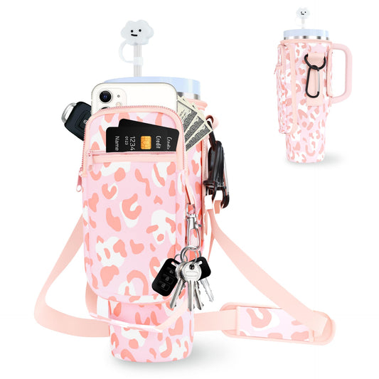 dabria Water Bottle Bag with Phone Pocket for Stanley 40 OZ Tumbler with Handle Neoprene Water Bottle Holder Pouch with Adjustable Strap Bollus with Straw Cover & Carabiner for Stanley Cup Accessories