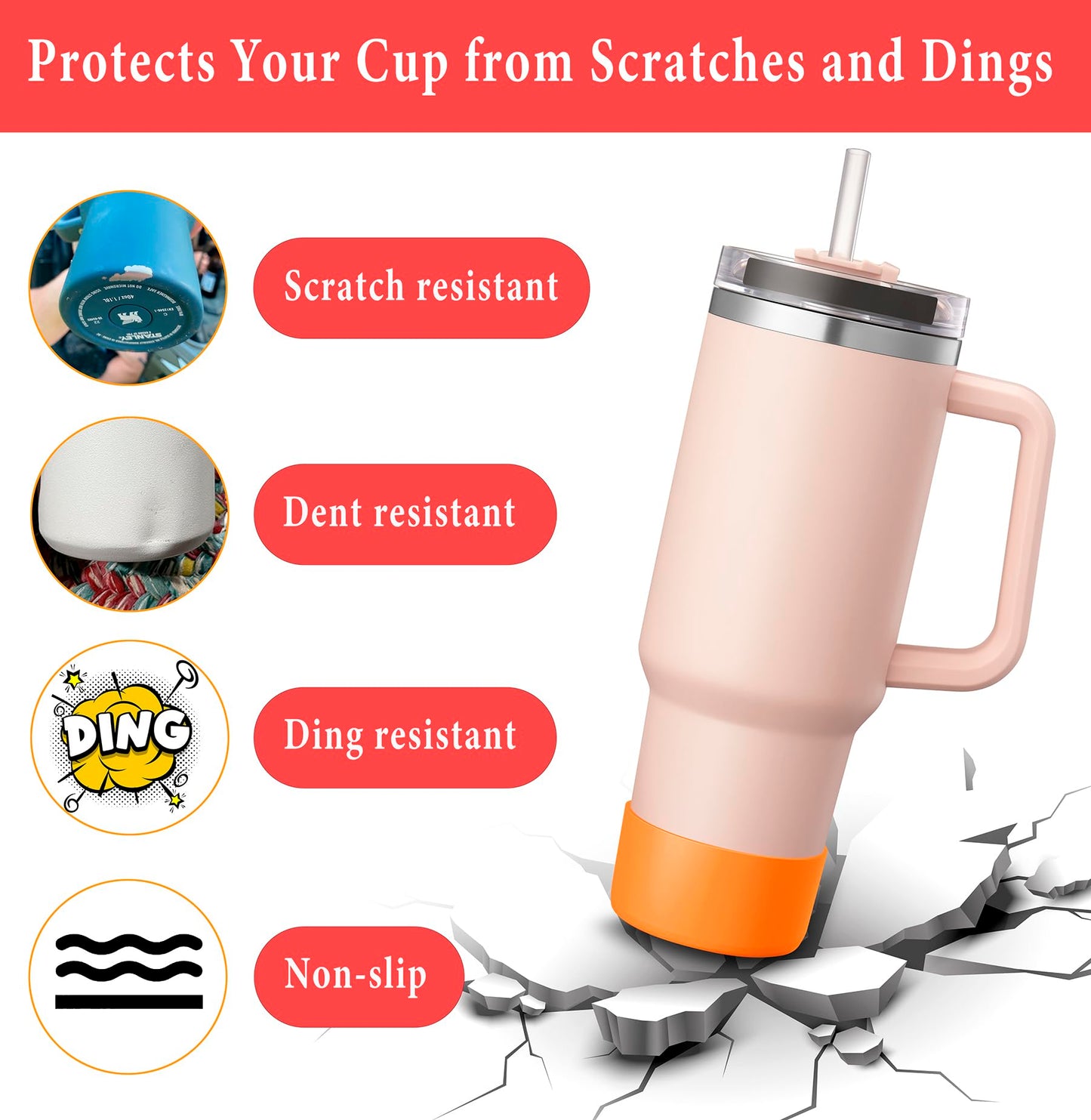 KTKUDY 2Pcs Silicone Boot for Stanley Quencher Tumbler H2.0 30 oz 40 oz & IceFlow 20 oz 30 oz & Intended for Hydro Flask Water Bottle 12-24 oz - Cup Bottom Accessories Fits Stanley Cup, Orange