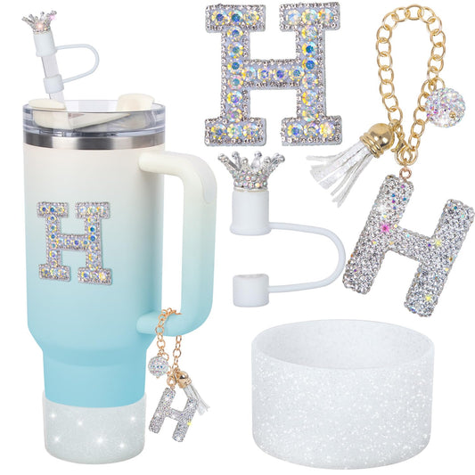 Letter Charms for Stanley Cup Handle,Silicone Boot Accessories Charms for Stanley Cup 40oz 30oz,Crown Straw Cover Topper & Diamond Sticker(H)