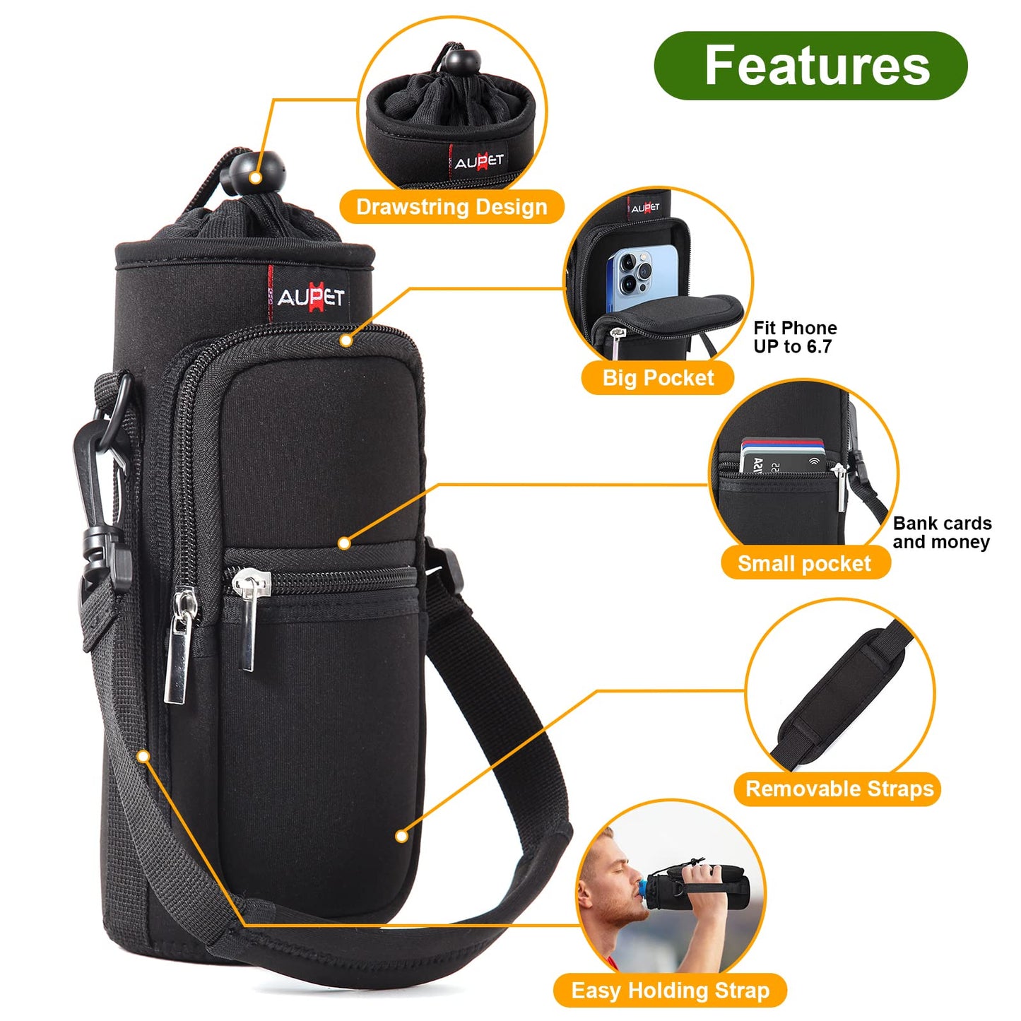 AUPET Water Bottle Sling Bag Sleeve Holder Carrier 25/32/40/64 oz,Insulated Crossbody Water Bottle Case Cover with Strap and Pockets for Men/Women Walking Hiking Camping (25oz, solid black)