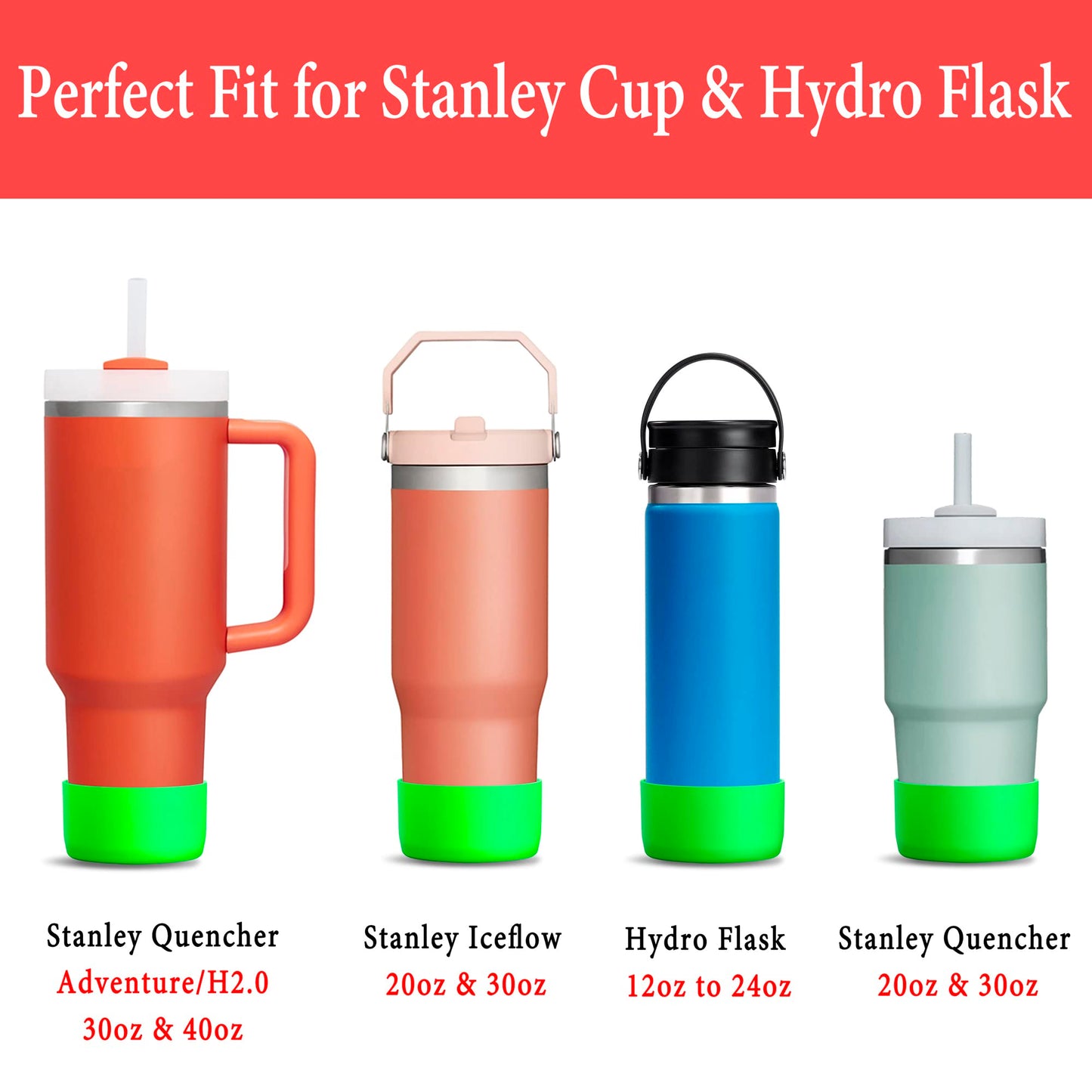 KTKUDY 2Pcs Silicone Boot for Stanley Quencher Tumbler H2.0 30 oz 40 oz & IceFlow 20 oz 30 oz & Intended for Hydro Flask Water Bottle 12-24 oz - Cup Bottom Accessories Fits Stanley Cup, Green