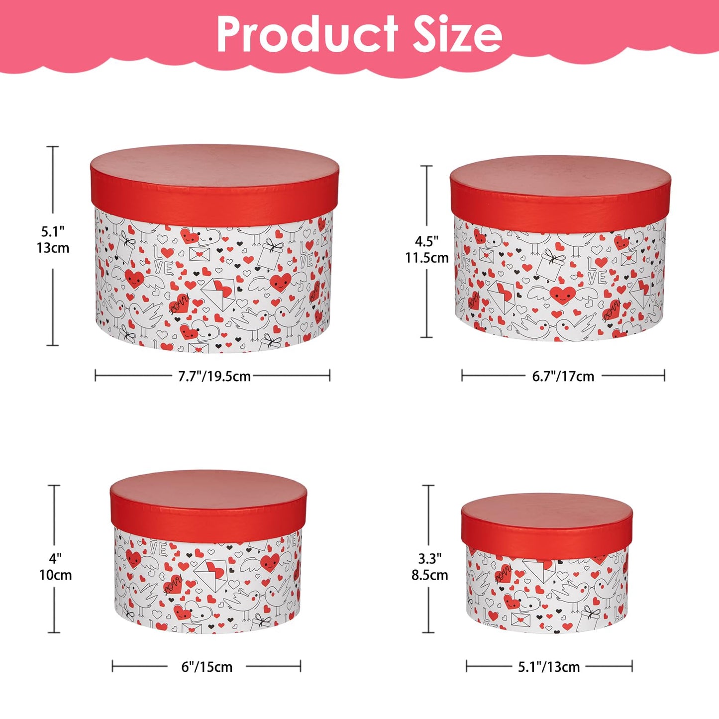 Luxury Round Nested Gift Boxes with Lids (Set of 4) – Reusable Sturdy Cardboard Gift Box Set for Birthdays, Weddings, Anniversaries, Christmas, and Valentine’s Day – Red & White