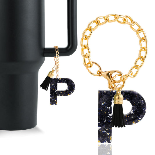Letter Charm Accessories for Stanley Cup 1 PCS Cute Initial Keychain Handle Charm for Stanley Tumbler for Women Black Letter P