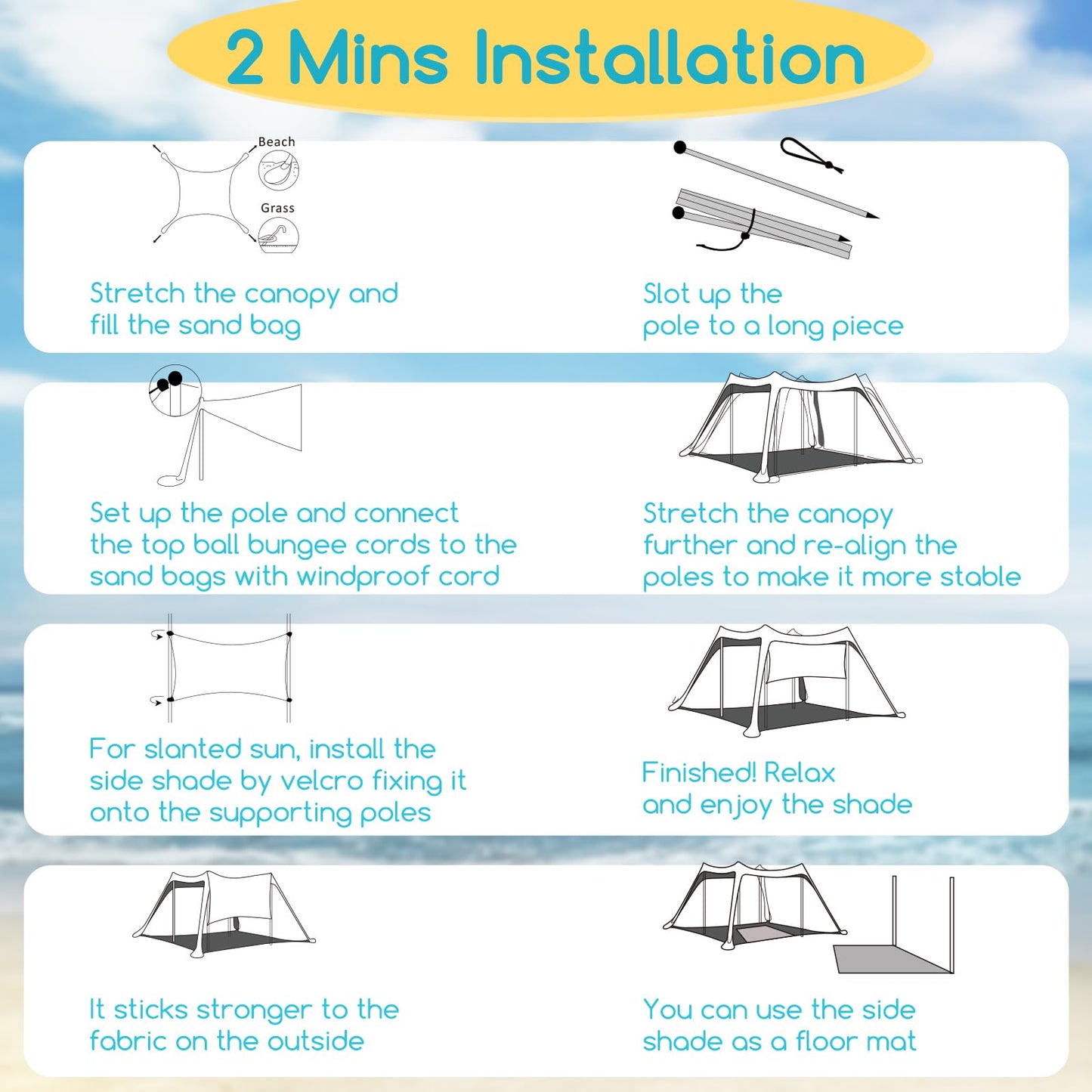 deli Beach Tent, Beach Canopy with UPF50+ Protection, Foldable Poles, 2 in 1 Beach Blanket, Carrying Bag,Sand Shovel,10x10FT Beach Tent Sun Shelter for Backyard Fun, Camping Or Picnics，Easy to Setup