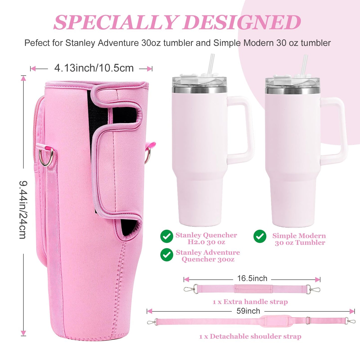 PRAGATISM Water Bottle Holder with Strap Pouch and Handle fits for Stanley 30 oz Tumbler, Water Bottle Carrier Bag with 4.9FT Strap, Bottle Pouch for Stanley Cup Accessories, Pink