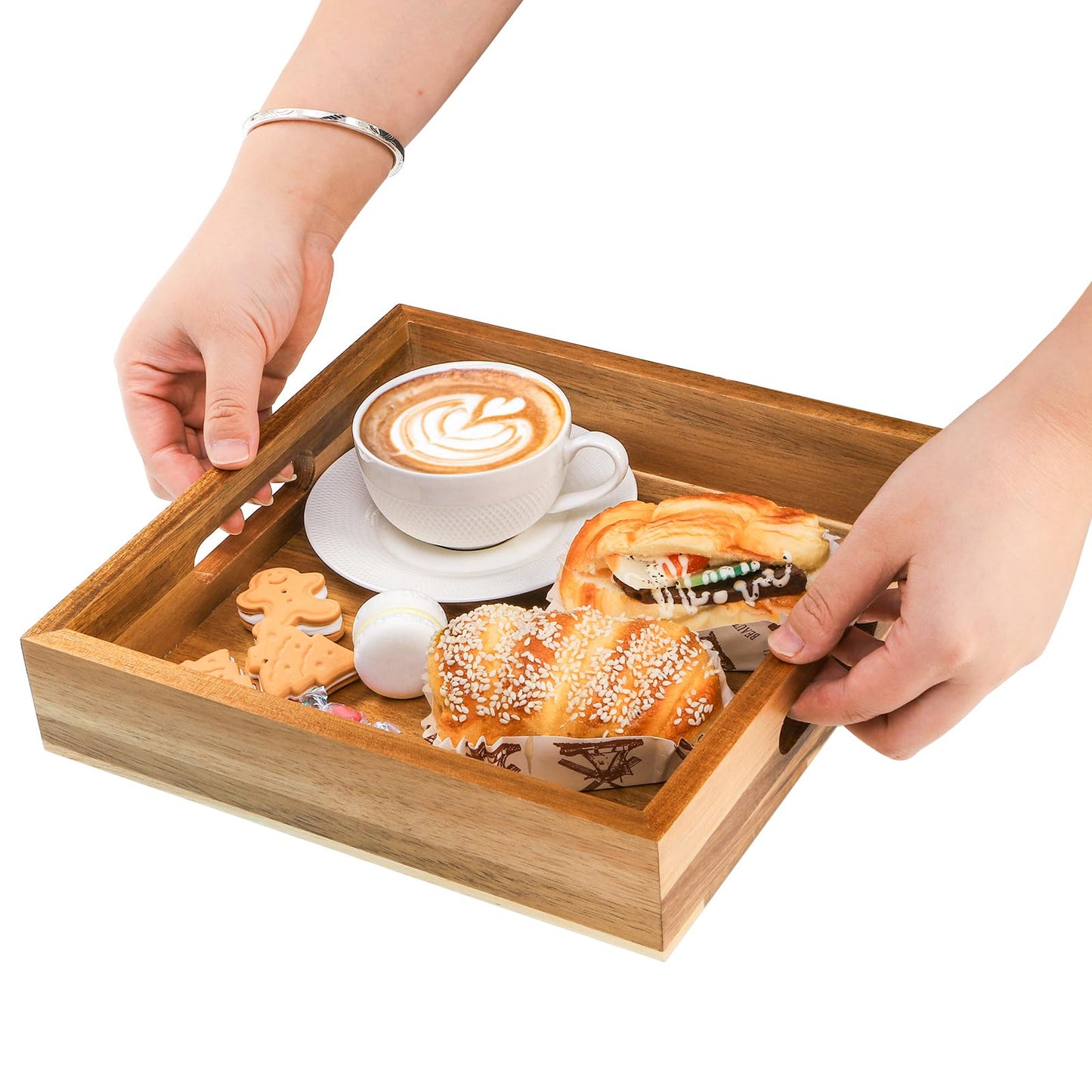 YOUEON Set of 2 Acacia Wood Serving Tray with Handles, 10x10x2 Inch Decorative Serving Trays for Food, Ottoman Tray, Square Coffee Table Trays for Dinner, Coffee, Wine, Appetizer