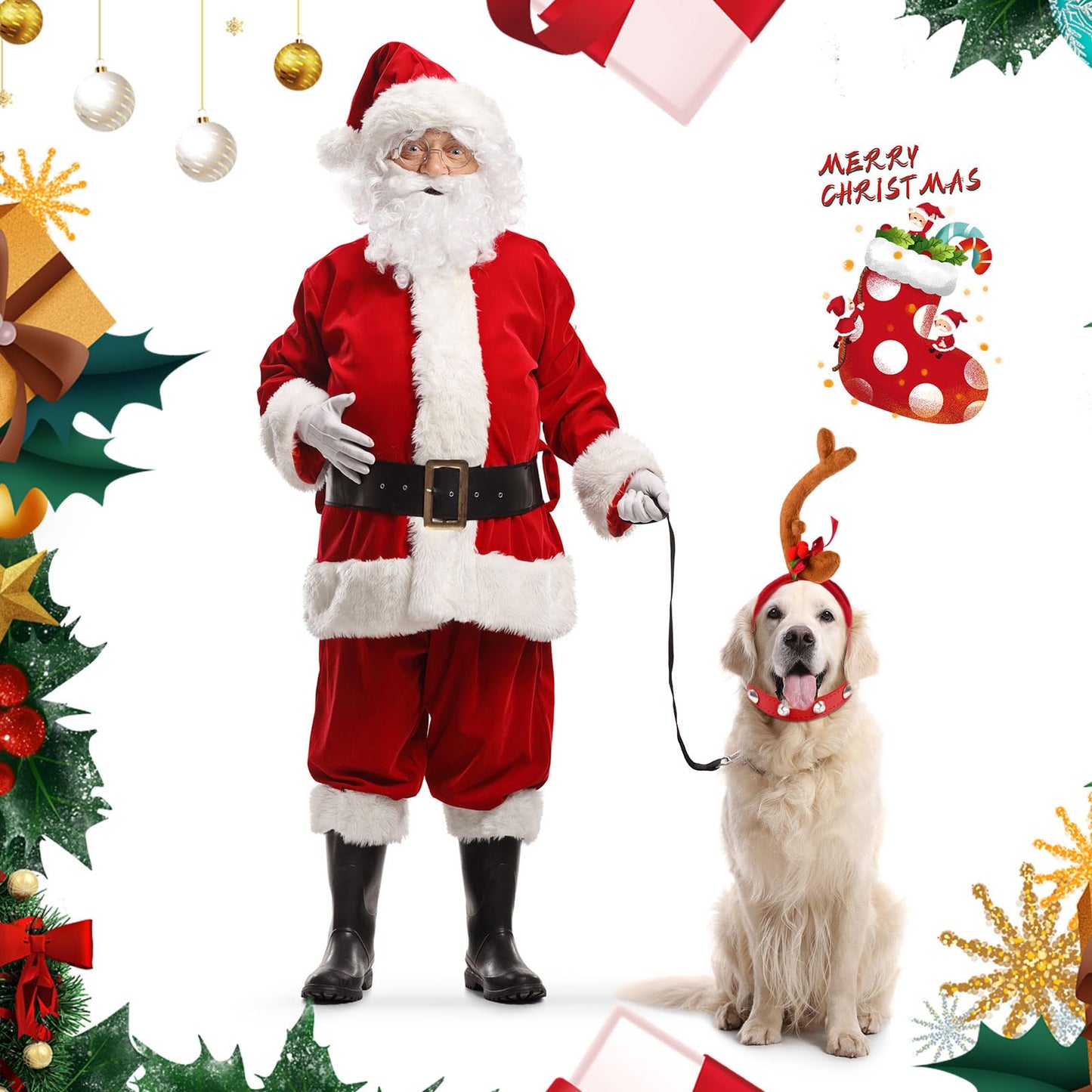 Kavoc Christmas Reindeer Antler Headband with Dog Ears Ajustable Elastic Band Dog CostumeDog Antlers Costume for Medium Dogs Pets Xmas Party Decor