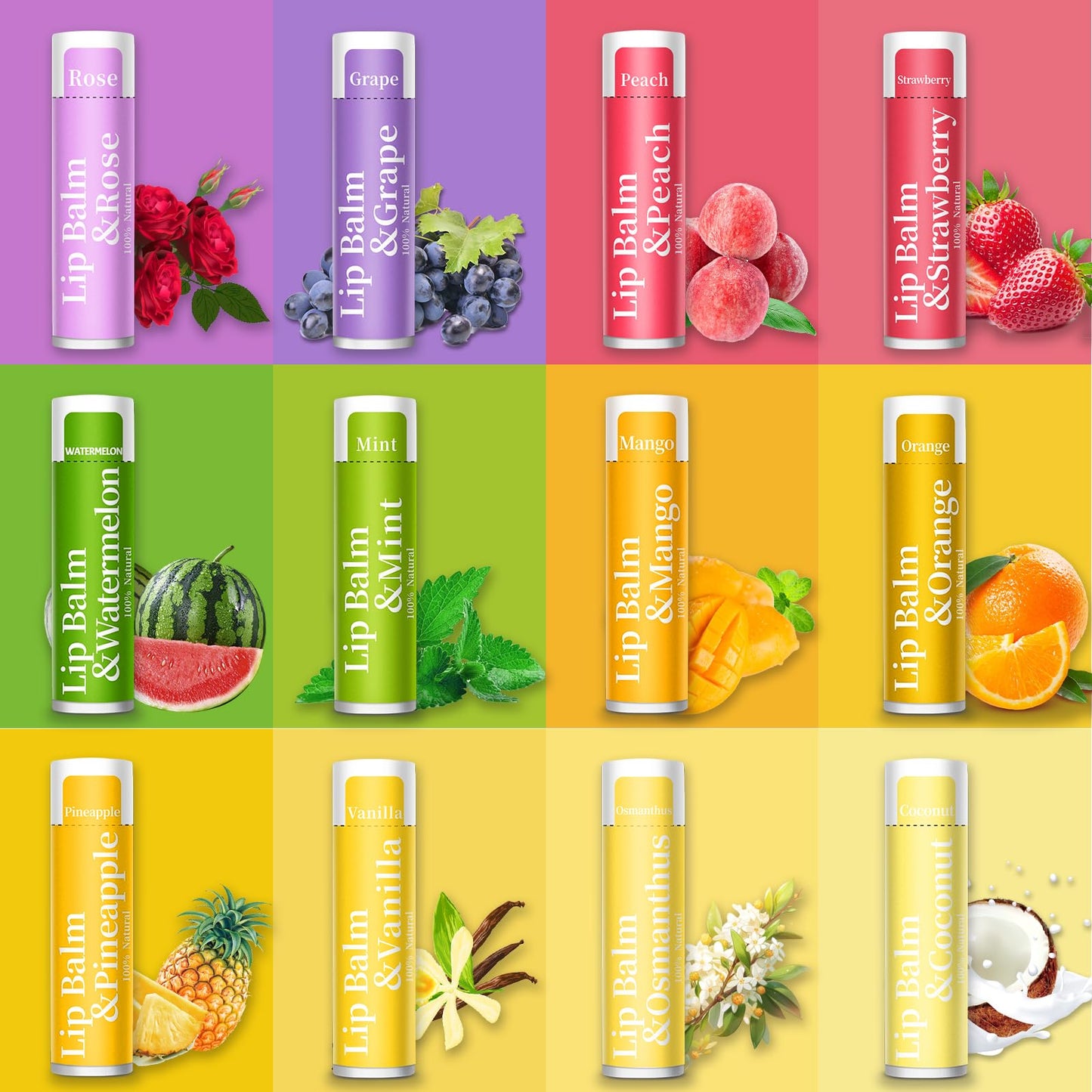 RBUGR 126 Pcs Lip Balm Bulk, 12 Flavored Pack of Lip Balms Pack Natural Moisturising Organic Lip Balm Set for Cracked Lips, Bulk Gifts Stocking Stuffers Party Favors(4.2g/0.15oz)