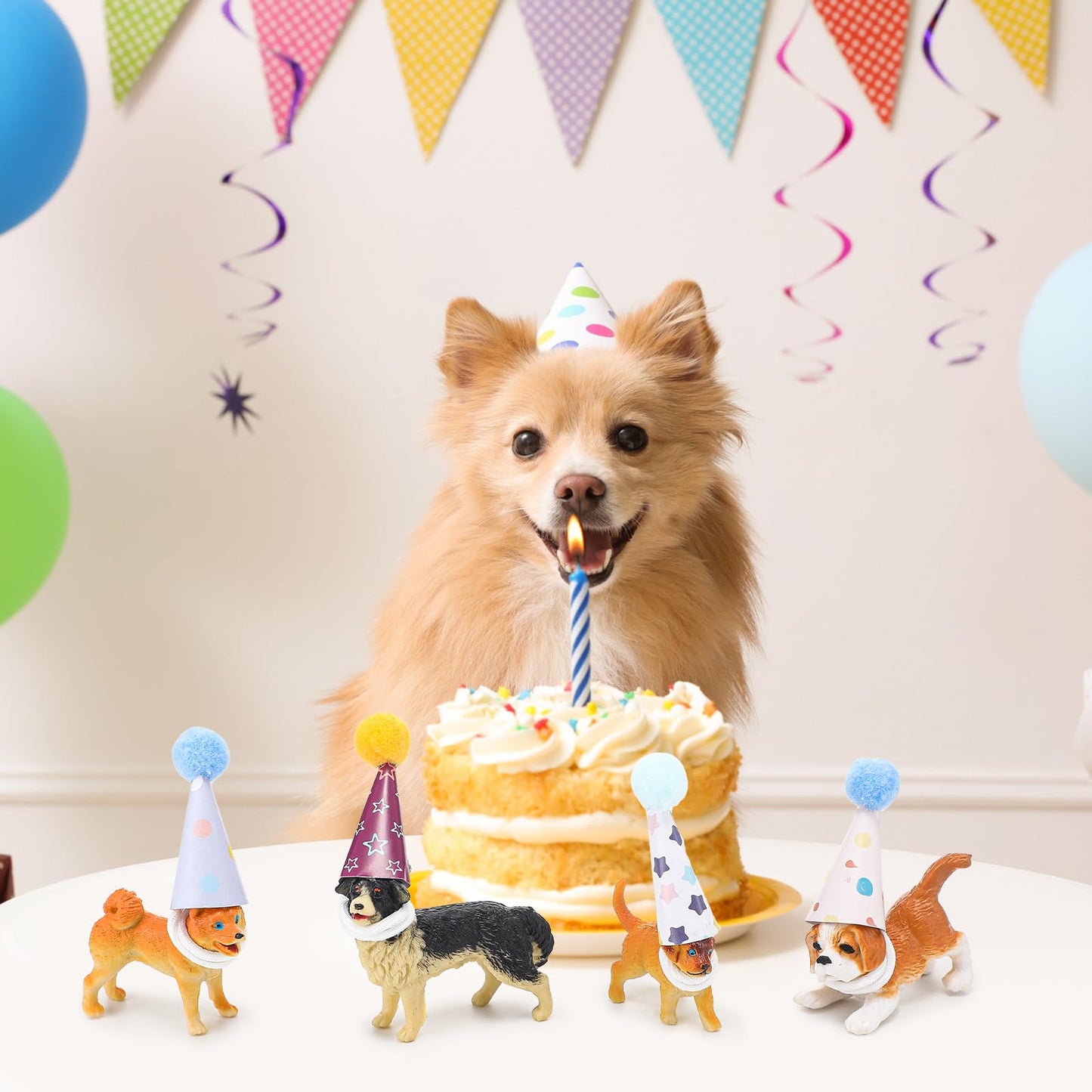 Simgoing 36 Pcs Mini Dog Birthday Party Decorations Mini Birthday Hat with Pom Poms Puppy Figure Model Cake Toppers with Hat for Dog Lovers Animals Themed Party