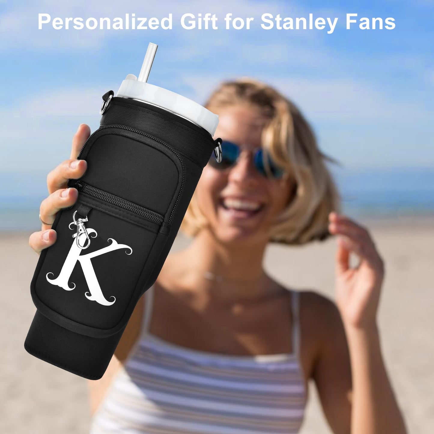 LOKASS Initial Water Bottle Holder with Upgrade Canvas Strap for Stanley 30 oz Tumbler, Gift for Mom Mother's Day Day gifts with Phone Pocket, Personalized Accessories for Stanley Cup, Black - S
