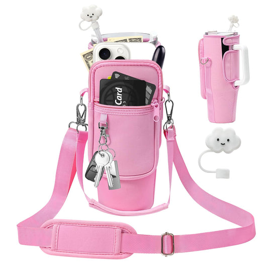 PRAGATISM Water Bottle Holder with Strap Pouch and Handle fits for Stanley 30 oz Tumbler, Water Bottle Carrier Bag with 4.9FT Strap, Bottle Pouch for Stanley Cup Accessories, Pink