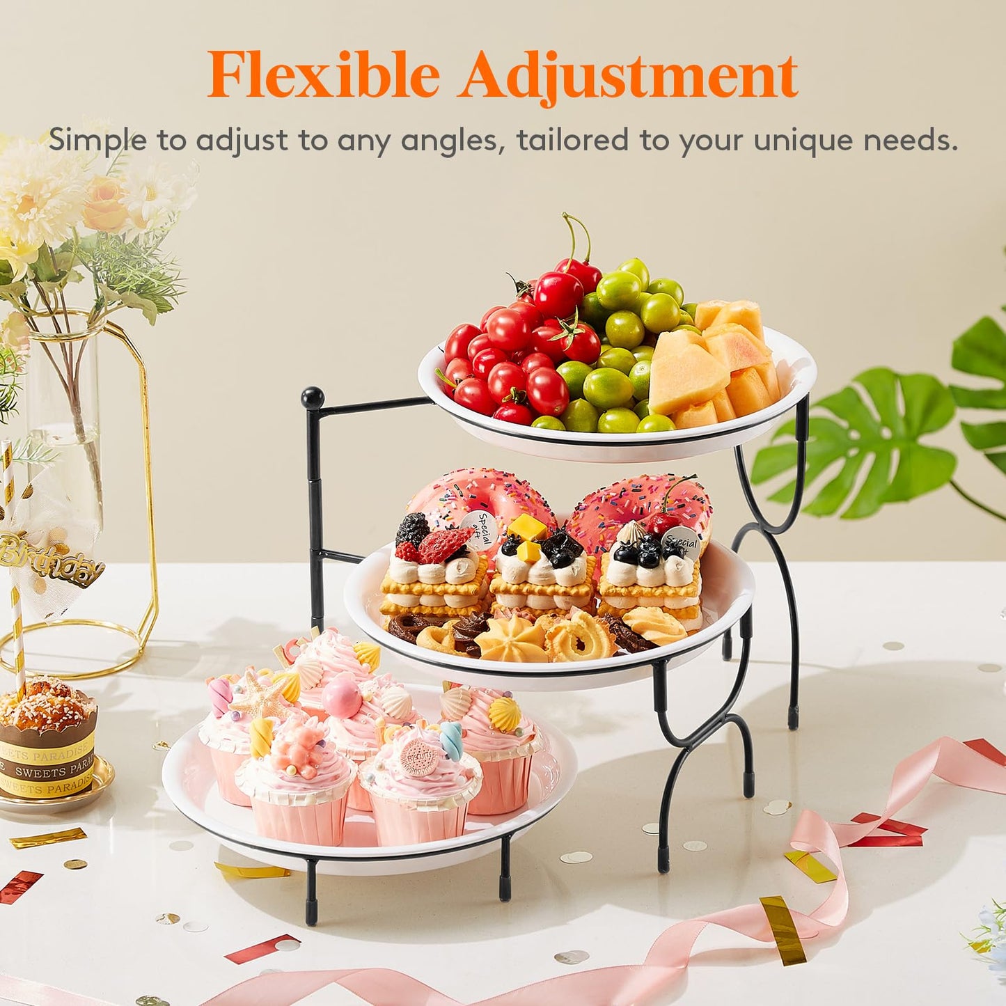 Lifewit Plastic 3 Tier Serving Tray Platter for Party Entertaining, 10" × 10" Large Dessert Table Display Set, White Reusable Round Dishes with Black Metal Display Stand for Veggie, Fruit, Cookies
