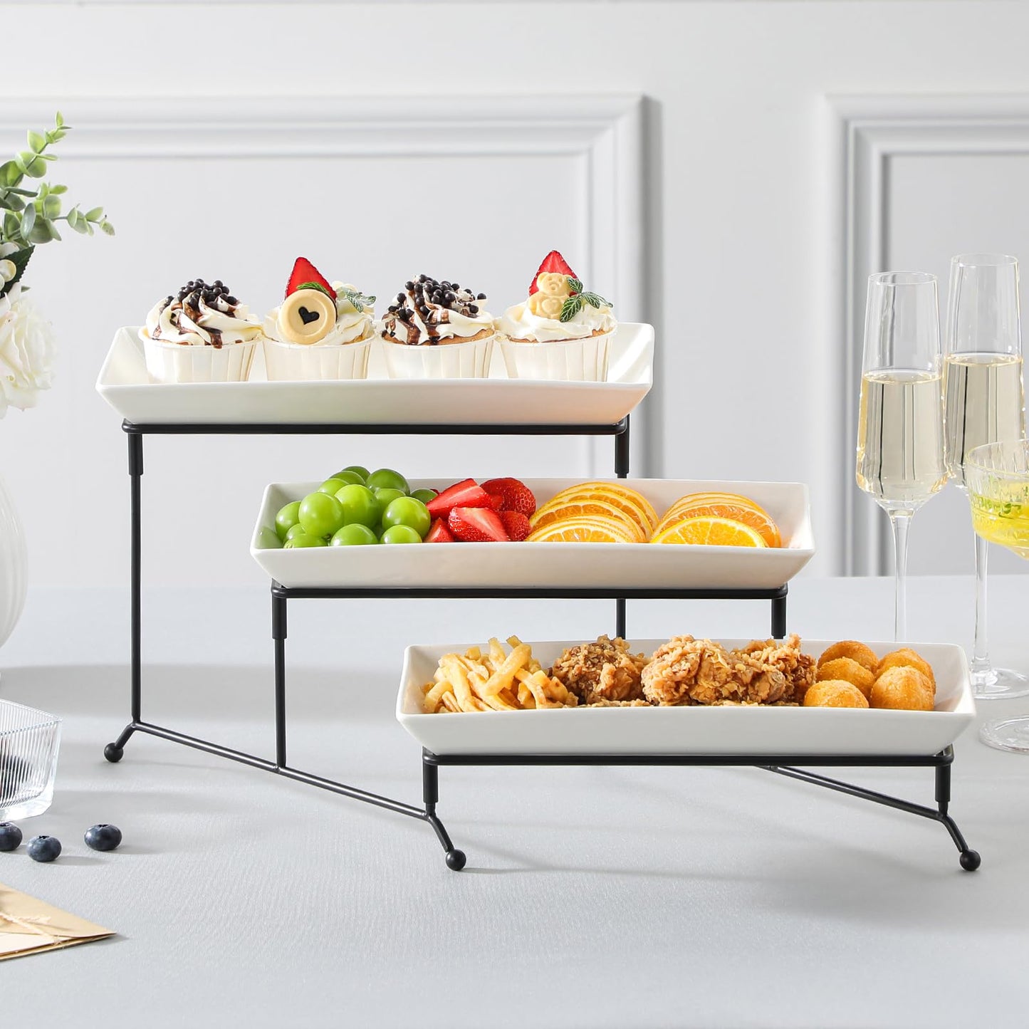 MALACASA 3 Tier Serving Trays for Party, Porcelain Serving Platters and Trays, 12 Inch Tiered Tray Stand, Fruit Tray, Trays for Serving Food, White Dessert Stand with Collapsible Sturdier Metal Rack