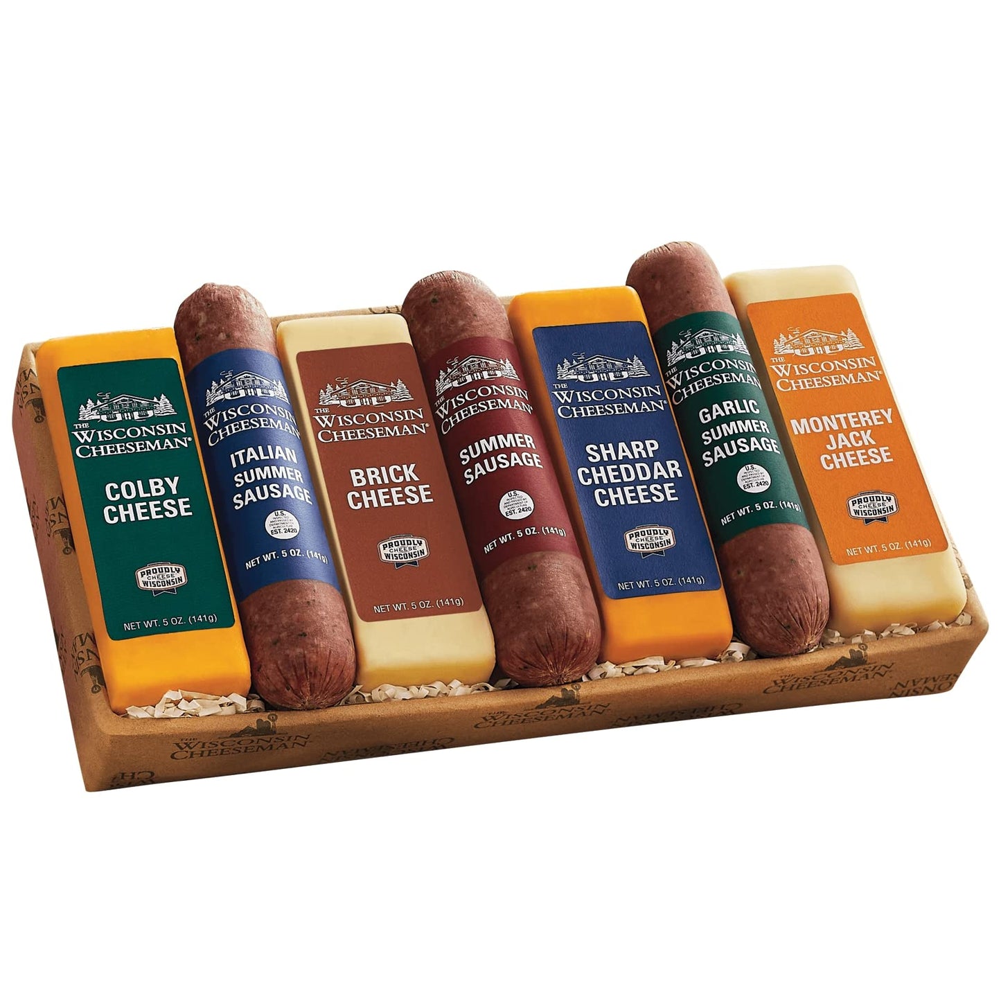 The Wisconsin Cheeseman Meat and Cheese Combo - Featuring Italian, Original and Garlic Summer Sausages, Colby, Brick, Sharp Cheddar, and Monterey Charcuterie Boards, Charcuterie Gift Basket Set