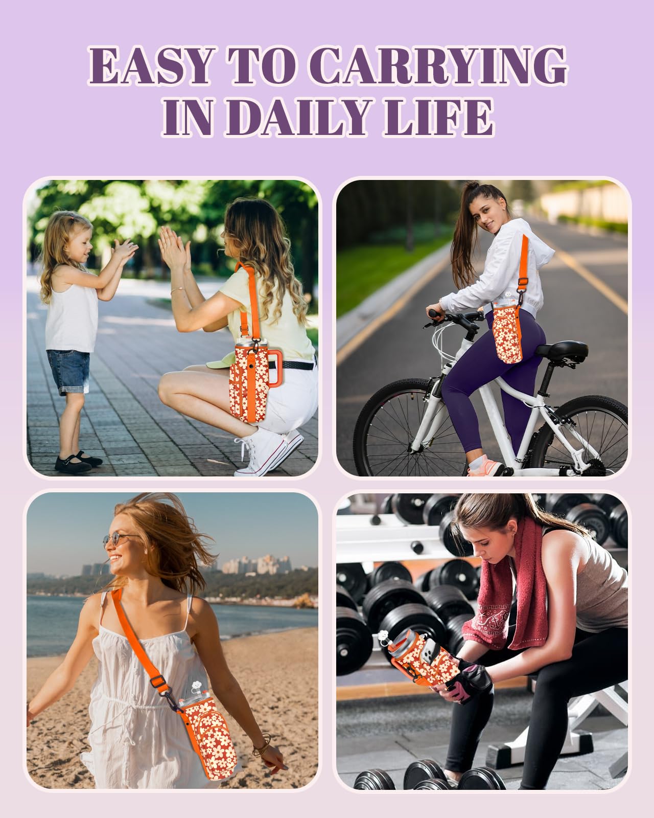 Toykee Water Bottle Holder Carrier Bag for Stanley 40 OZ Tumbler with Strap Phone Pocket, Orange Wrap Around Drink Cup Purse Pouch with Straw Cover Cleaner Brush Accessories Flower Print