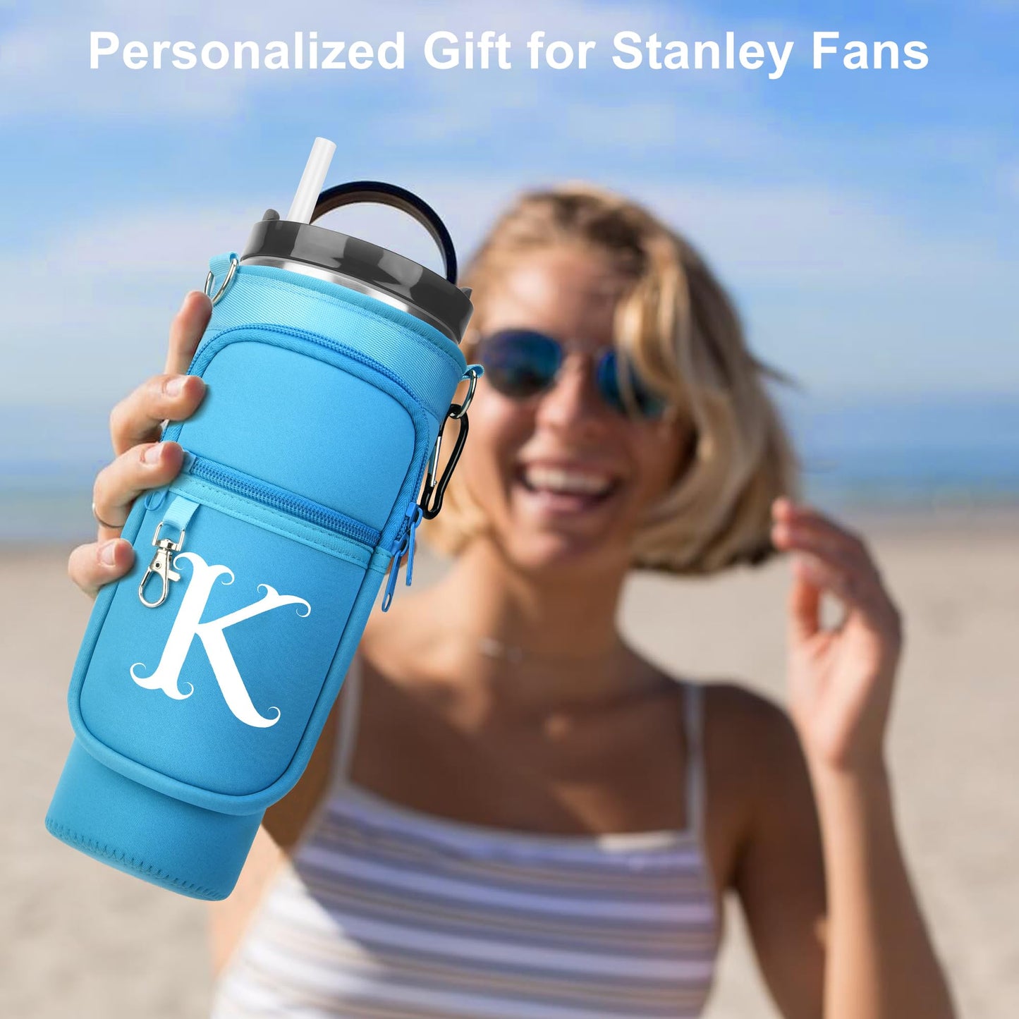 LOKASS Initial Water Bottle Holder with Upgrade Canvas Strap for Stanley 30 oz Tumbler, Gift for Mom Mother's Day Day gifts with Phone Pocket, Personalized Accessories for Stanley Cup, Blue - S