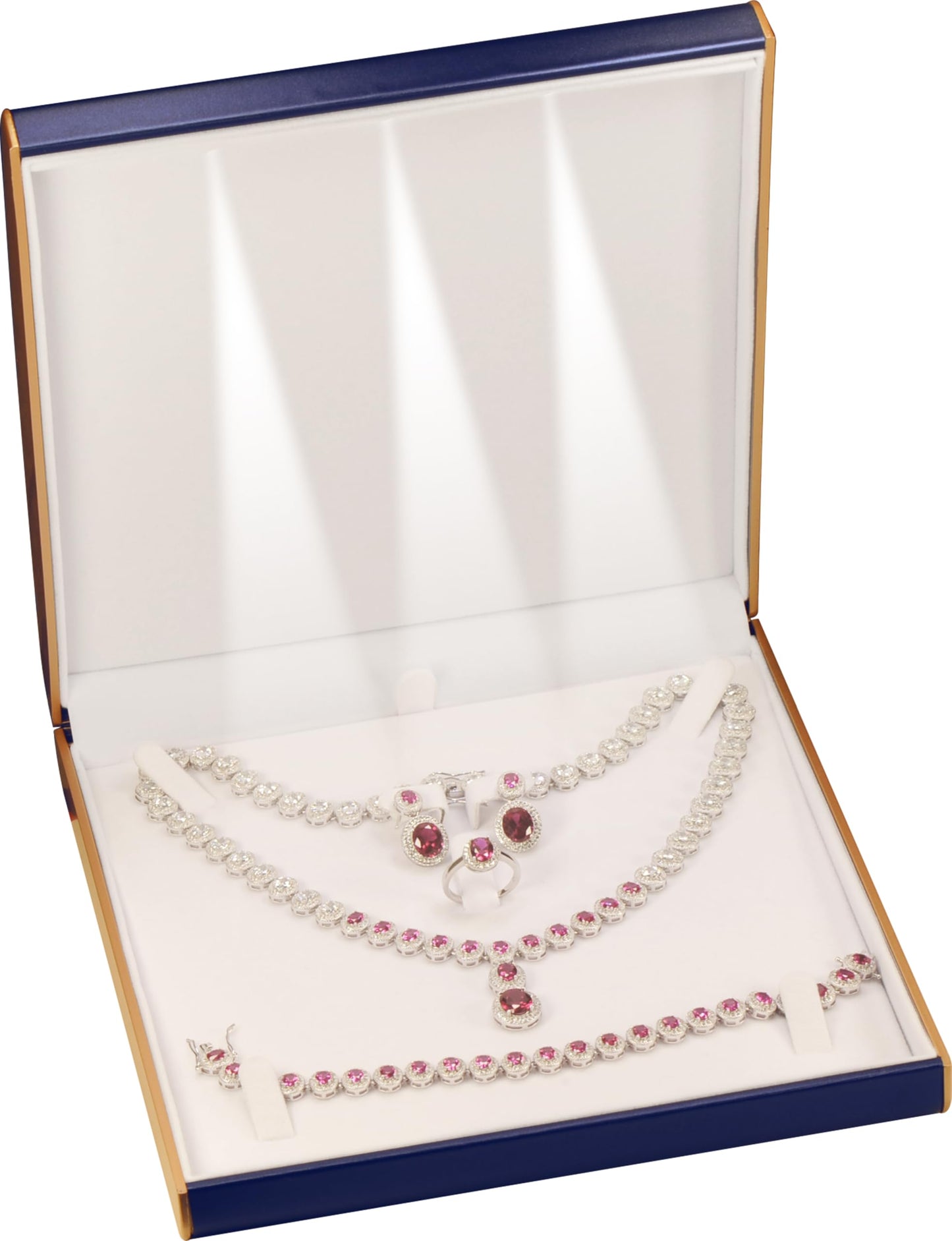 LED Blue Extra Large Necklace Pendant Earrings Ring Bracelet Box Luxury PU Leather Dome Top Designed with Gold Color Painted on the Sides Big Jewelry Sets Gift Holder Box with Light for Men for Women(Blue)