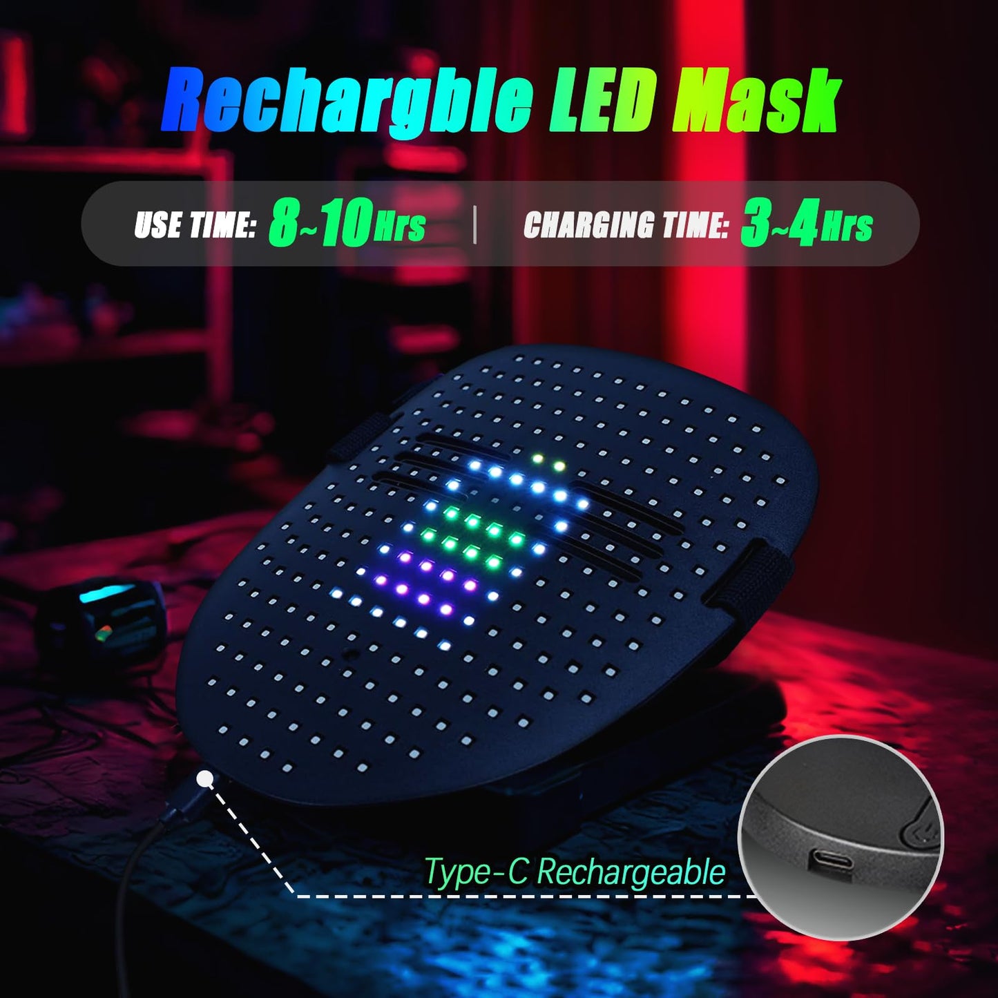 Ompusos LED Mask with Gesture Sensing Transforming Light Up Face Mask for Halloween Rave, Birthday and Masquerade Parties