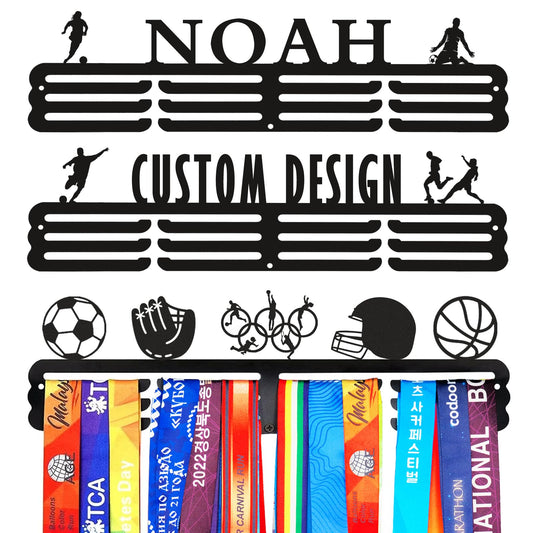 Goutoports Personalized Soccer Medal Hanger with Name Sport Medal Holder Display Rack for Awards Ribbons - Custom Metal Holder - Holds Up to 60 Medals - Perfect Birthday for Athlete Boys Girls