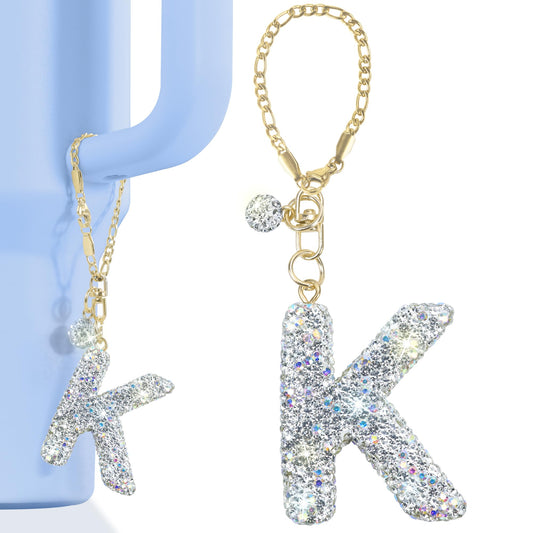 Mokoart Glitter Letter Tumbler Accessories for Stanley Cup, Water Bottle Chain for Stanley/Simple Modern Tumbler with Handle, Cute Initial Name ID with Bling Letter for Stanley Cup Accessories (K)