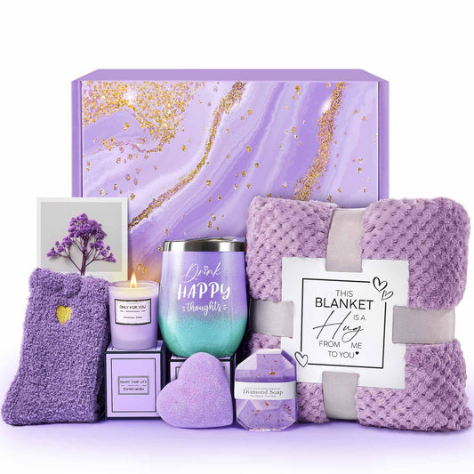 Birthday Gifts for Women, Self Care Get Well Soon Gifts, Lavender Relaxing Spa Gift Basket Care Package w Blanket, Valentines Mothers Day Christmas Gifts for Mom Grandma Wife Girlfriend Friends Sister