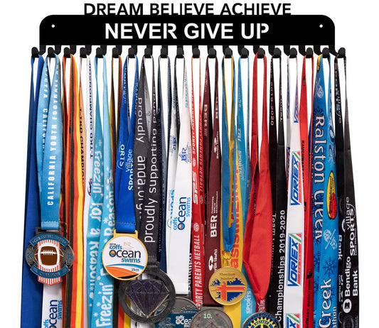 Lapetale Fashion Race Sports Medal Holder Display Hanger Rack Frame - Black Finish Design in 16.14" Longs Sturdy Mount Sports Medals Easy to Install Easy to Use Dream Believe Achieve Never GIVE UP