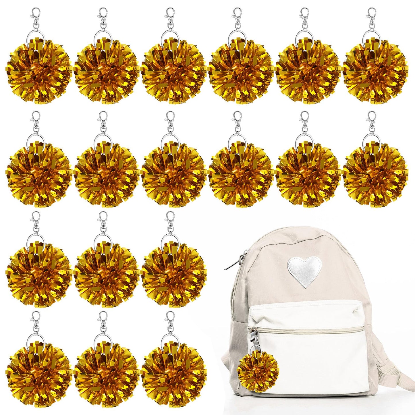 Remuuly 20 Pcs Cheer Pom Pom Keychain Cheerleader Gifts Cheerleading Keyring Charm Foil with Keychain Hooks for Women Accessories (Dark Gold)