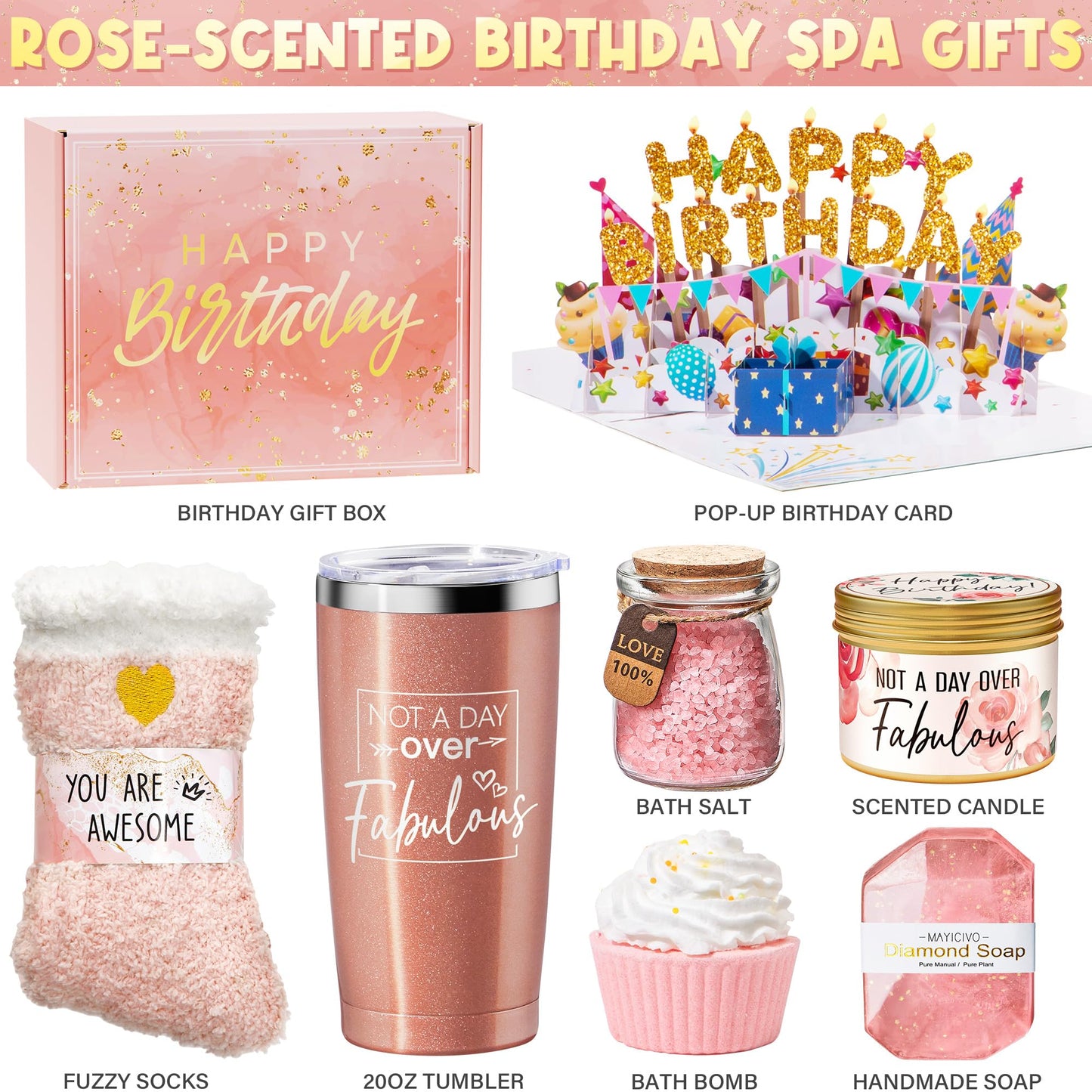 Birthday Gifts for Women Friendship, Rose Relaxing Spa Gifts Basket Set for Women, Self Care Gift Unique Happy Birthday Gifts Idea for Mom Her Best Friend Sister Wife Girlfriend Coworker Teacher Nurse