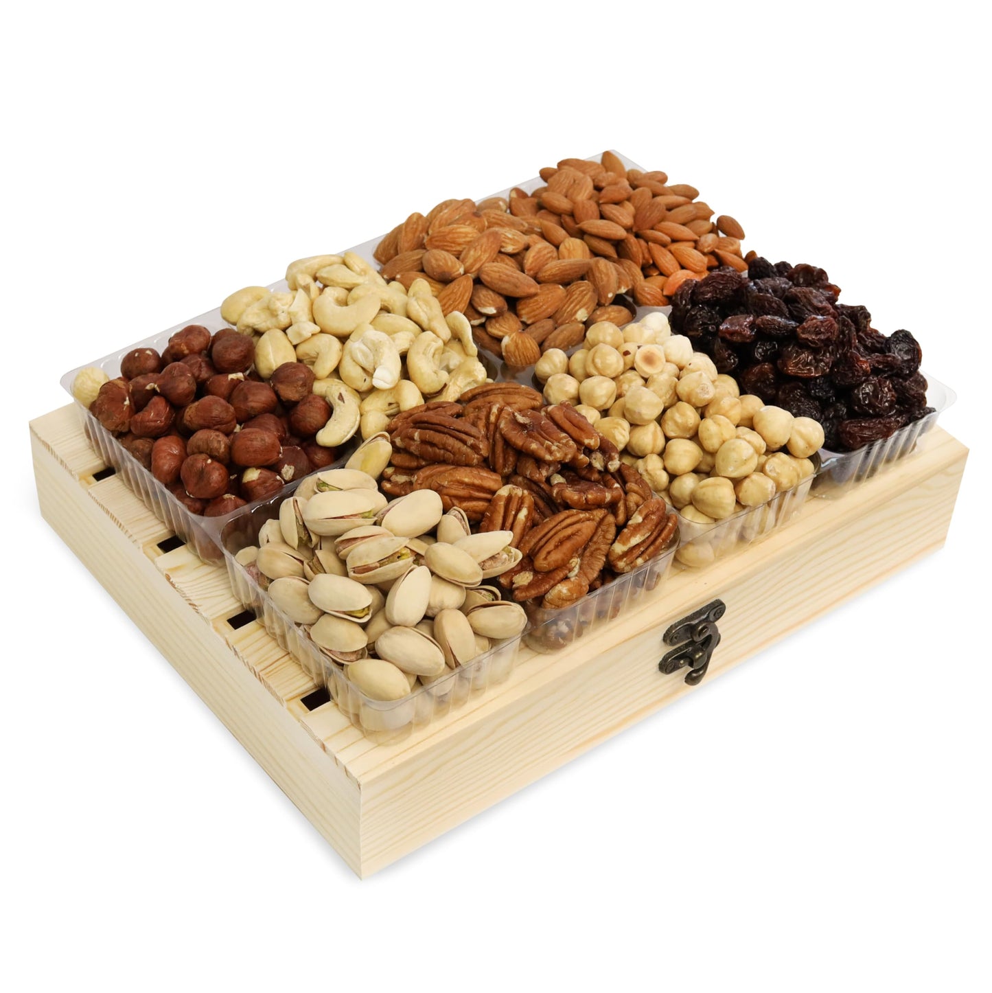 Anna and Sarah Premium Nuts in Wooden Gift Box Include All Raw Oregon Hazelnut, Cashew, Almond, Sweet Apricot Kernel, California Pistachios, Pecan,Turkish Hazelnut and Black Raisin Kosher-Halal For Christmas-Holiday for Mom-Dad-Boy-Girl Everyone