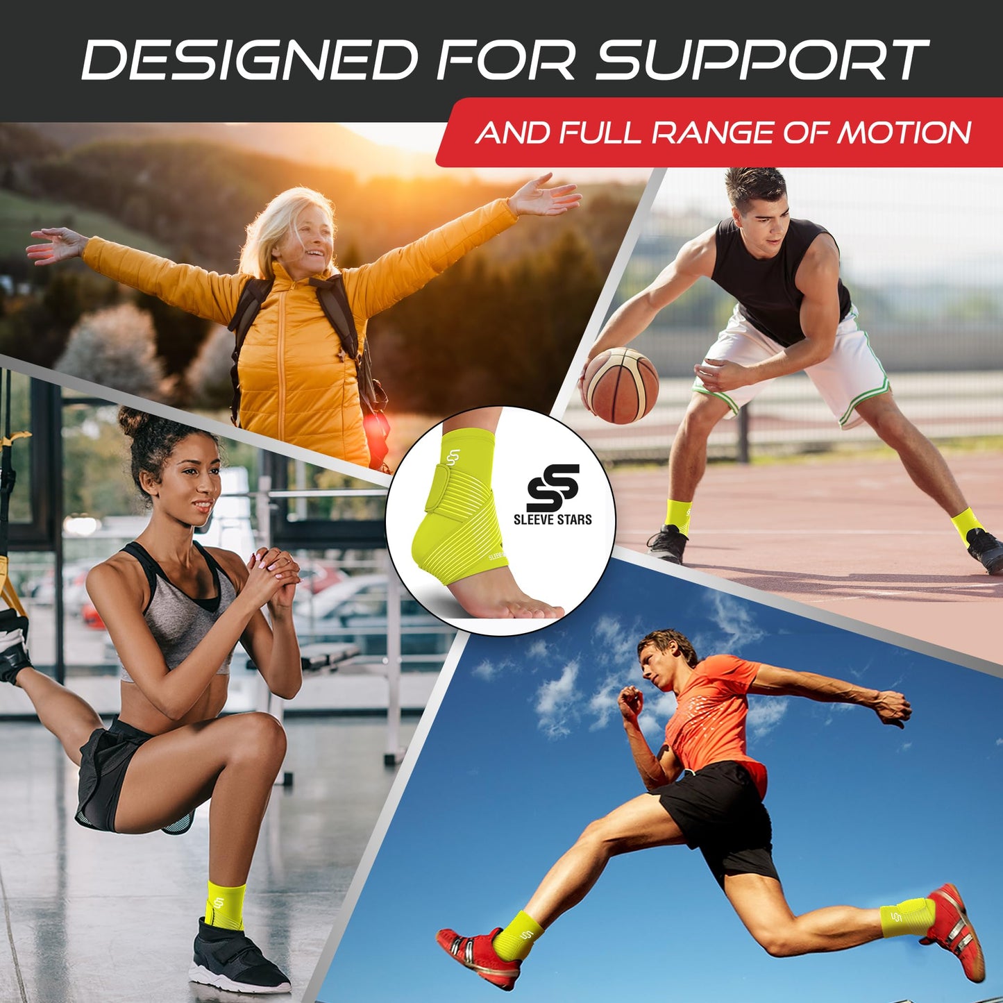 Sleeve Stars Ankle Support for Ligament Damage & Sprained Ankle, Plantar Fasciitis Support & Achilles Tendonitis Pain Relief, Ankle Brace for Women & Men w/Compression Ankle Strap (Single/Neon Green)