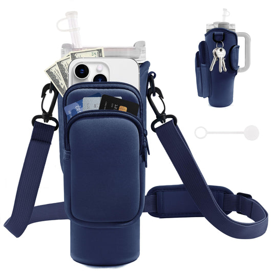 JEBEALUO Water Bottle Carrier Bag with Phone Pocket for Stanley Cup 40/30 oz, Water Bottle Holder with Adjustable Strap& Straw Cover, Stanley Cup Accessories (Prussian Blue)