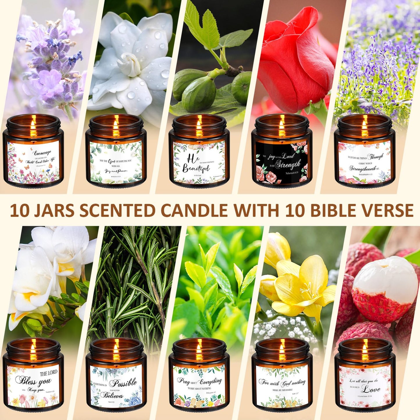 MTLEE 10 Jars Mother's Day Christian Religious Scented Candles 3.5oz Stress Relief Aromatherapy Gifts Natural Soy Decorative Long Lasting Bathroom Candles for Women Birthday Baptism